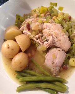 Healthy Chicken and Leek Casserole with New Potatoes and Green Beans
